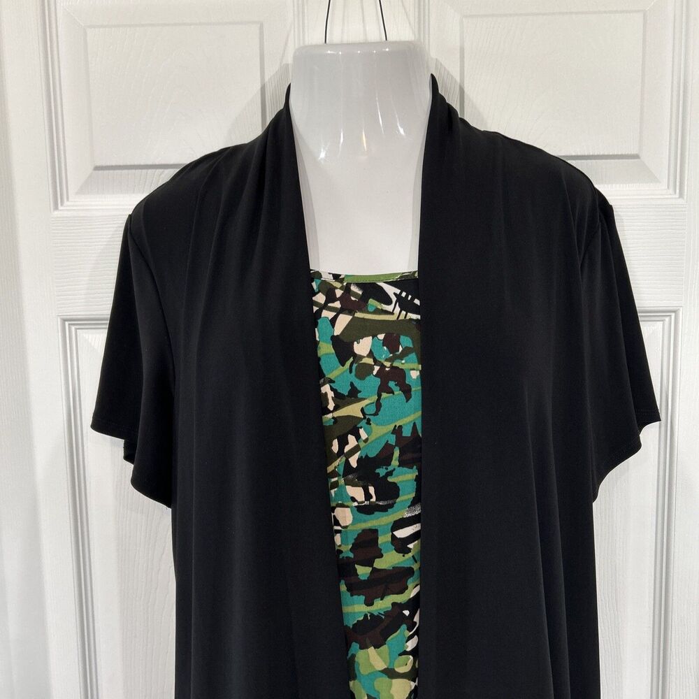 Perseption Black & Green Faux Twinset Stretch Career Blouse Top Plus Size 3X